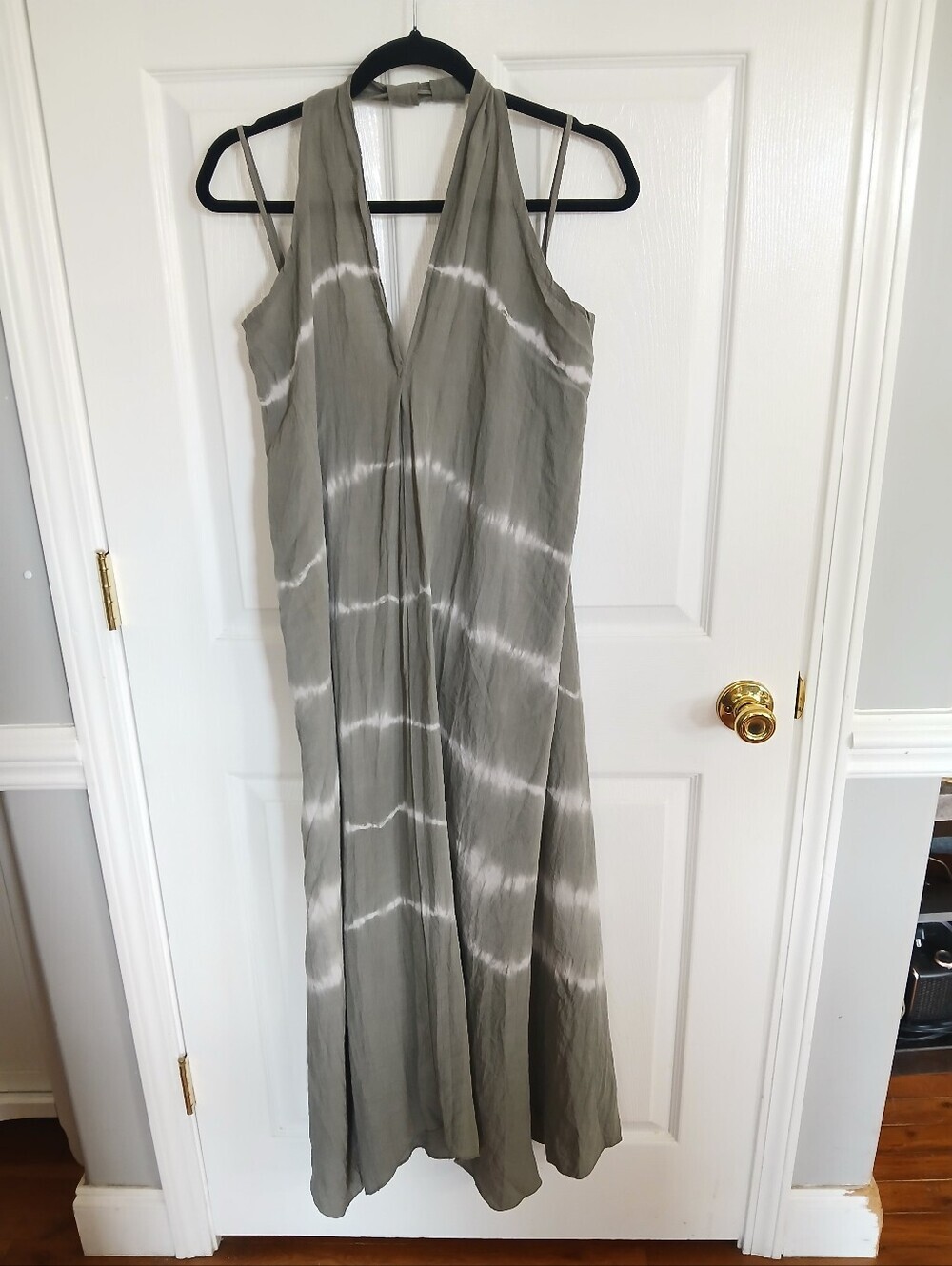 Vasna Women’s Olive Green Tie-Dye Maxi Dress - Halter V-Neck Linen Boho Beach
